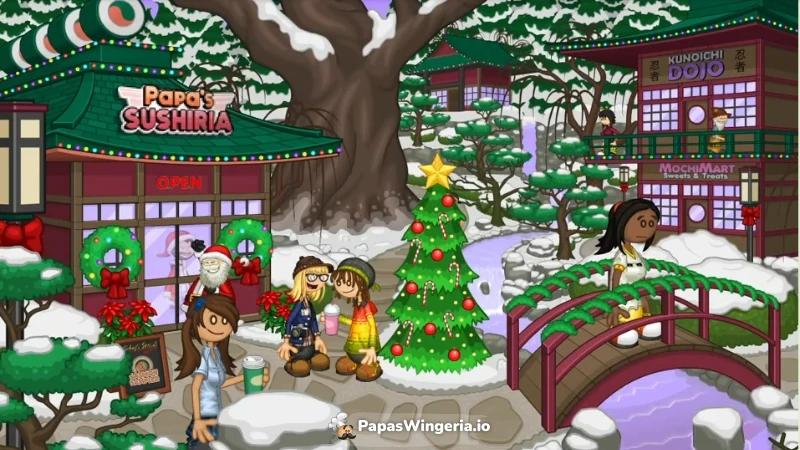 Snowy Christmas town outside Papa’s Sushiria